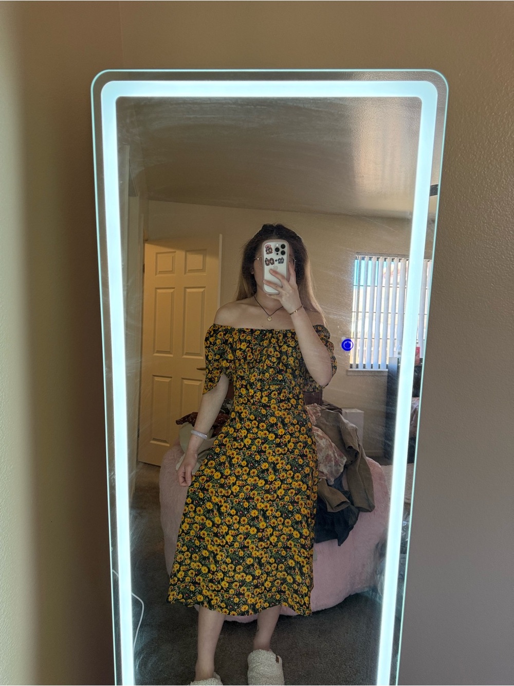 Off-Shoulder Yellow Floral Midi Dress